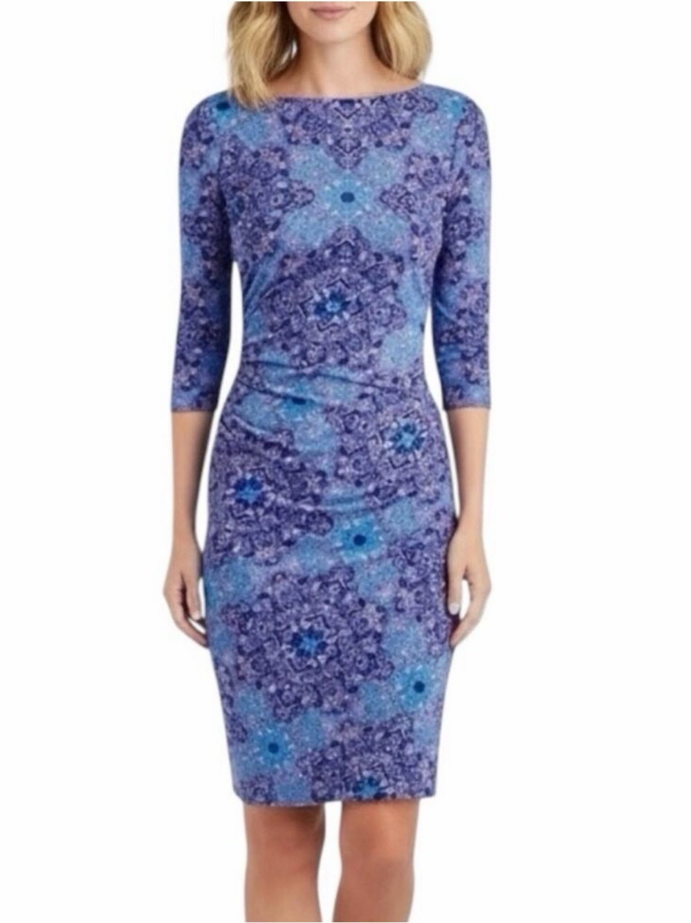 NEW J. McLaughlin Blue Astor Tile 3/4 Sleeve Sage Sheath Dress Size Small